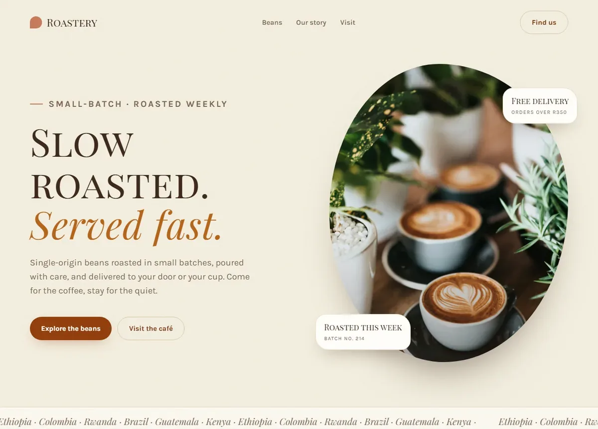 Concept website for an artisan coffee roastery — cream, terracotta and clay palette with Playfair Display SC headlines
