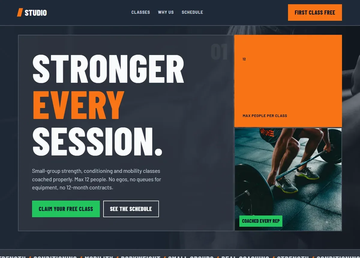 Concept website for a small-group fitness studio — brutalist charcoal blocks with orange and green accents