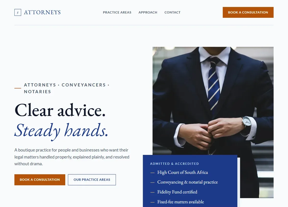 Concept website for a boutique law practice — Swiss-style layout, navy and gold, EB Garamond headlines